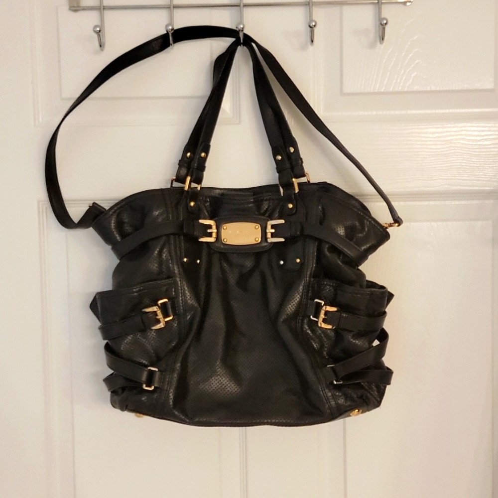 Large Michael Kors black leather perforated tote with gold hardware